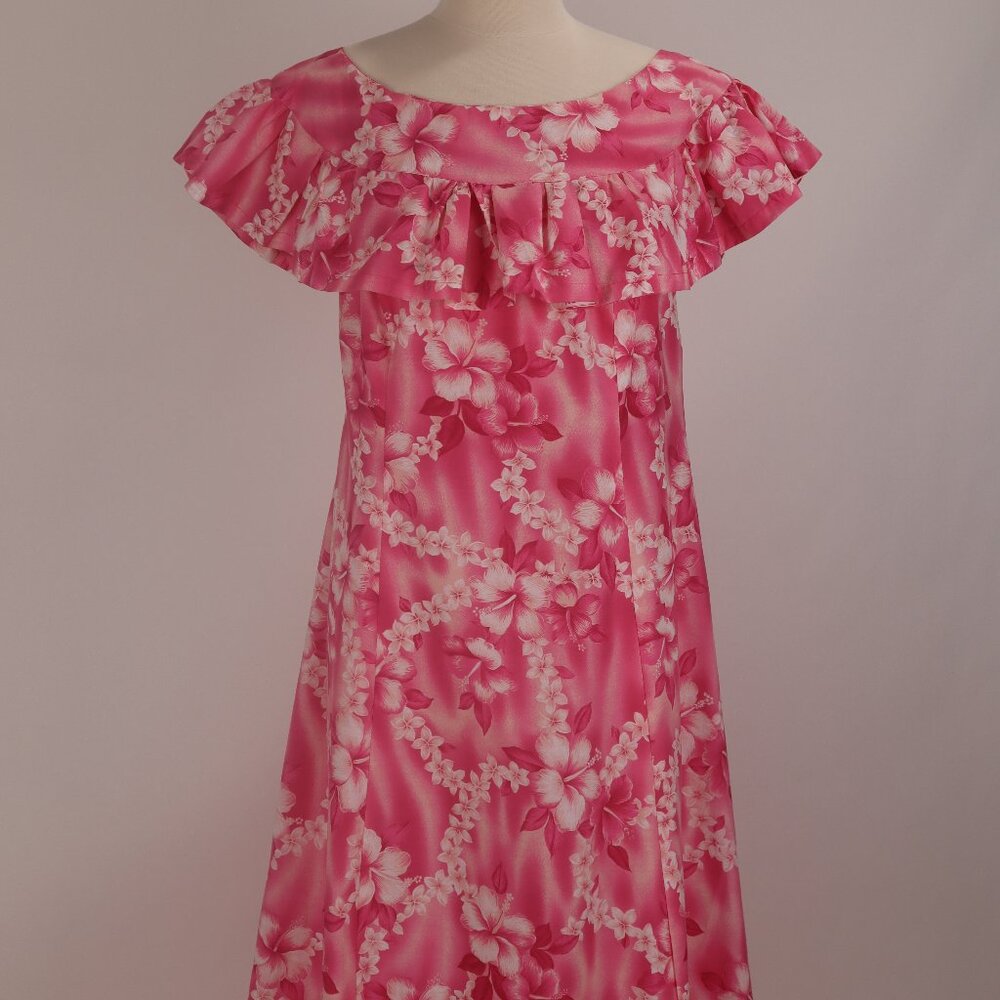 Vtg Pink Floral Hawaiian Handmade Ruffled Caftan Maxi Dress MuuMuu Resort L
